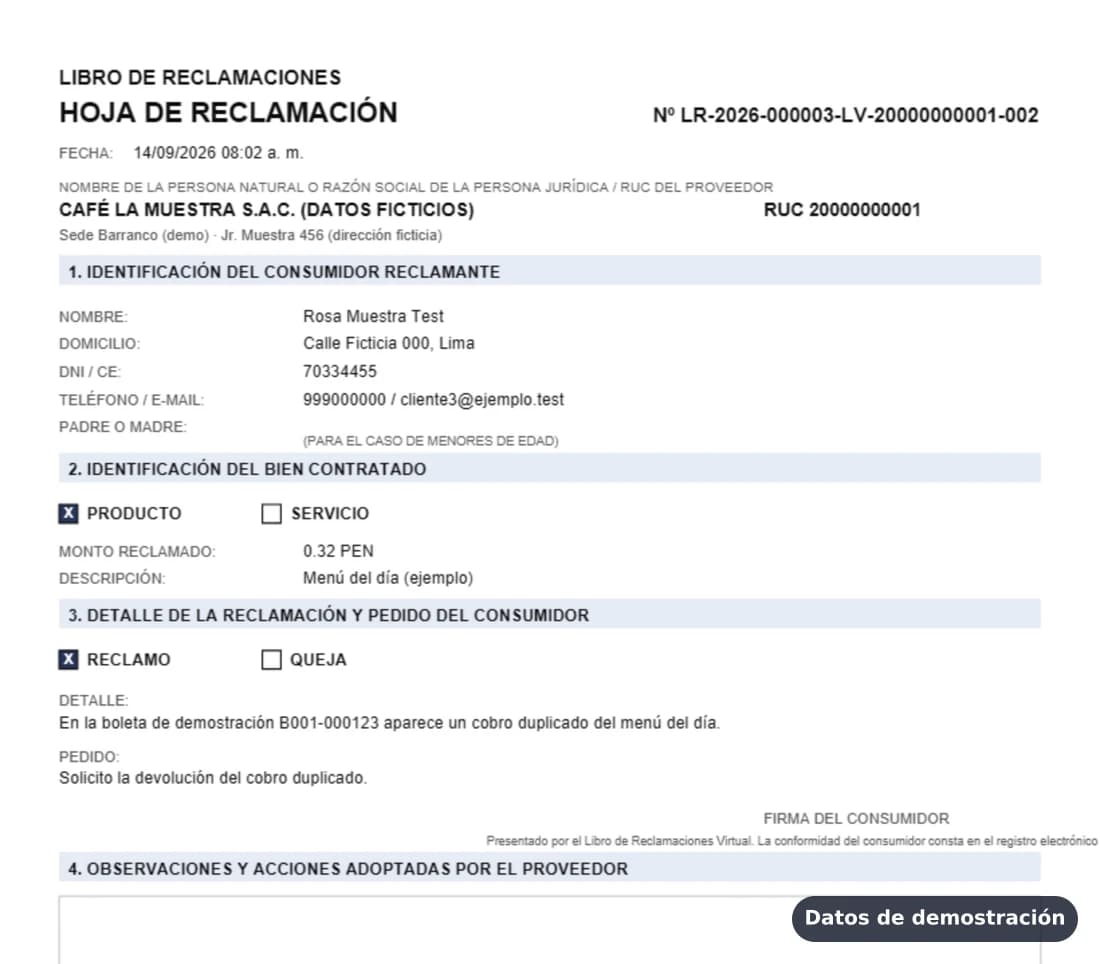 Hoja de Reclamación en PDF (datos de demostración)