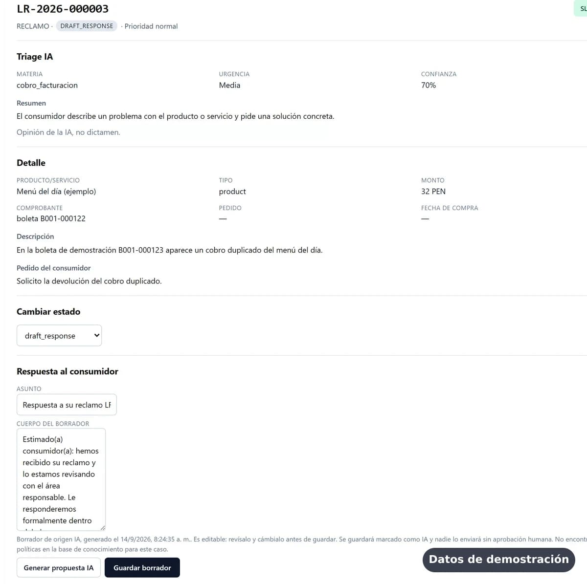 Triage de IA y borrador de respuesta pendiente de aprobación (datos de demostración)