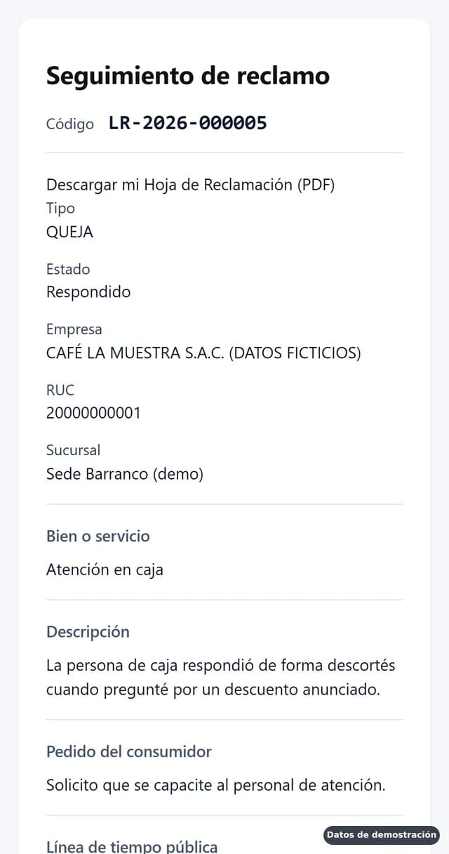 Seguimiento del reclamo desde el celular (datos de demostración)