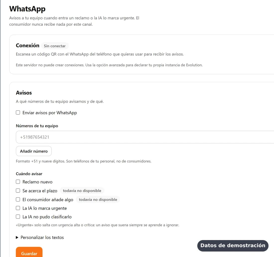 Configuración de avisos por WhatsApp (datos de demostración)